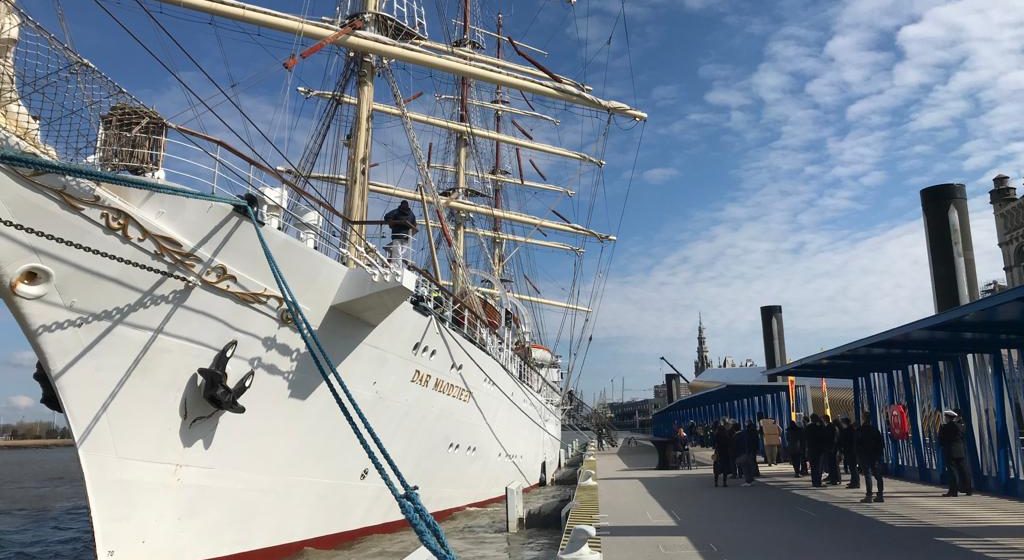 Opleidingsschip 'Dar Mlodzezy' meert aan in Antwerpen