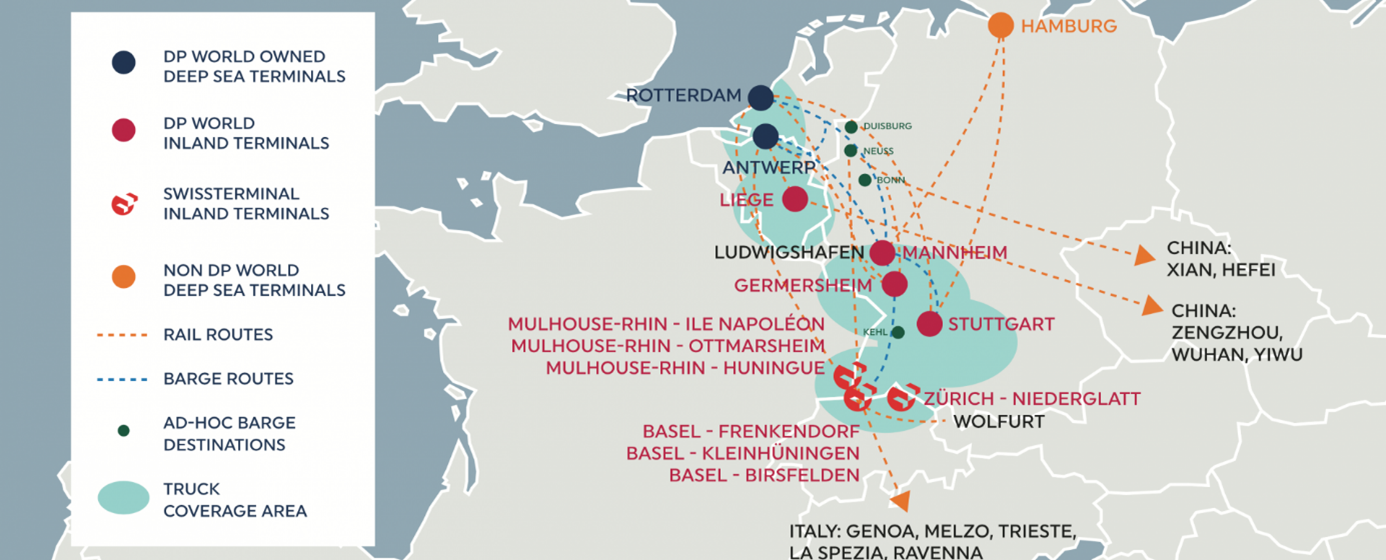 Het inland netwerk van DP World in Noordwest-Europa met de drie bijkomende terminals in Alsace