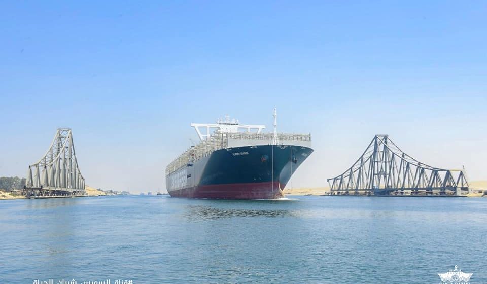 De 'Ever Given' (20.388 teu) voer op 21 augustus leeg door het Suezkanaal richting China