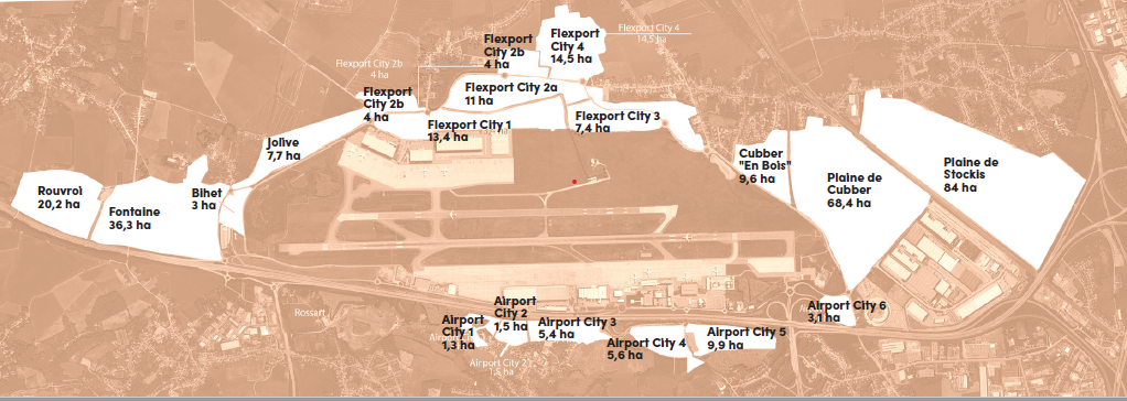 Liege Airport, met onder meer zones Fontaine en Rouvroi (links)