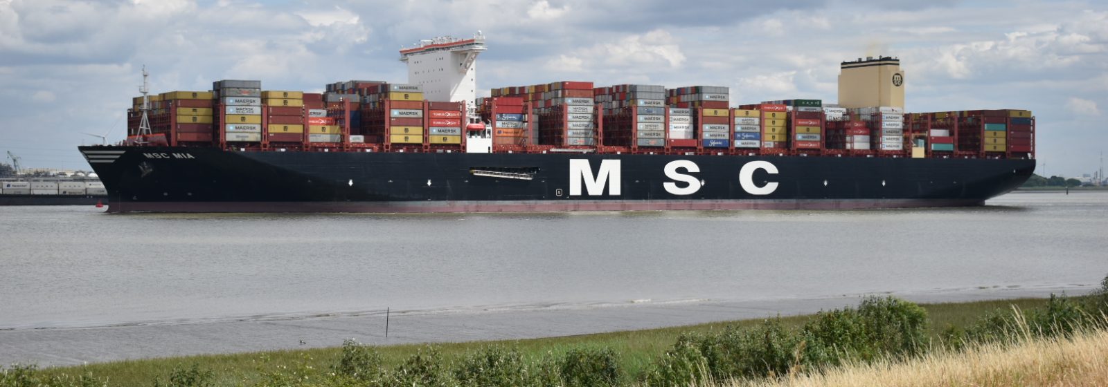 De 'MSC Mia' (23.756) op de Schelde bij het vertrek uit Antwerpen