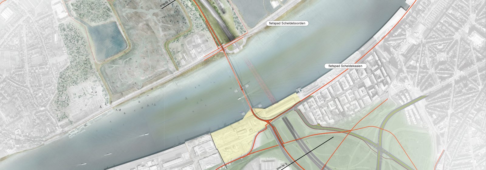 Richtinggevend ontwerp van nieuwe voetgangers- en fietsersbrug over Schelde