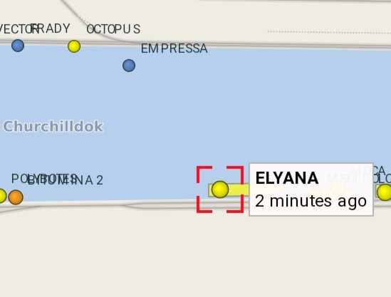 Positie van het containerschip 'Elyana' in het Churchilldok