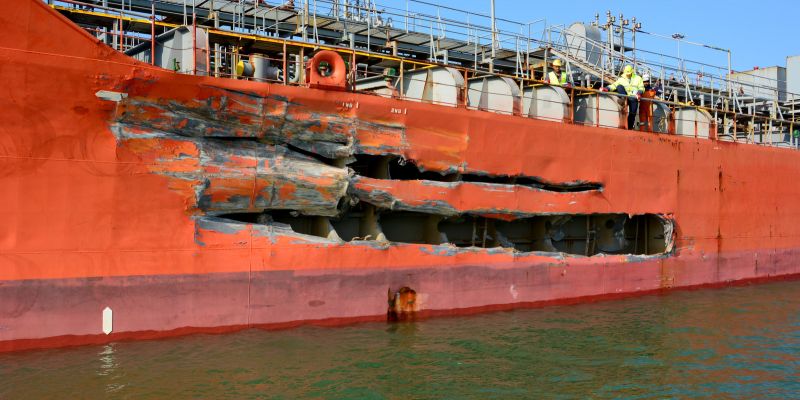 De schade aan de tanker 'Chemical Marketeer' na de aanvaring met het cruiseschip 'Viking Idun' op de Westerschelde