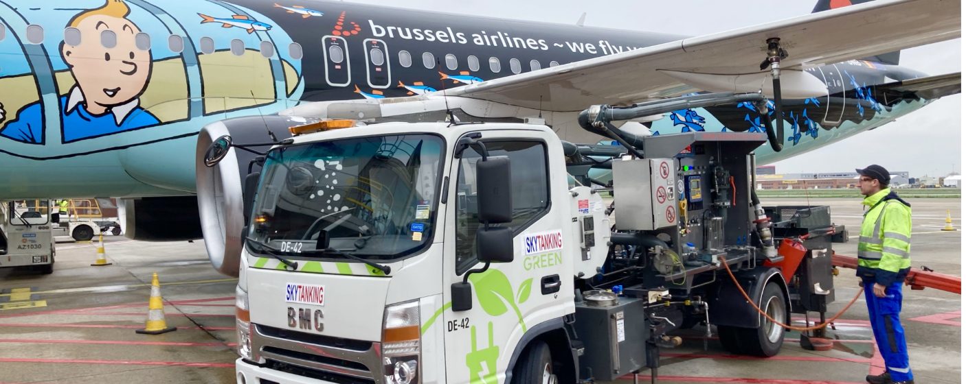 De elektrische brandstofdispenser van Skytanking op Brussels Airport