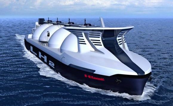 Renderbeeld van een toekomstig schip van NYK, MOL en "K"Line dat vloeibare waterstof vervoert