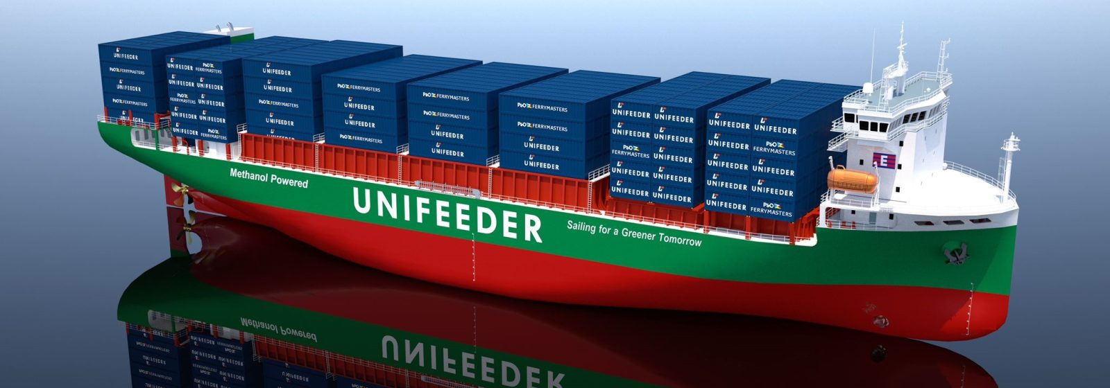 Artist impression van Unifeeders nieuwe schepen van 1.250 teu op methanol
