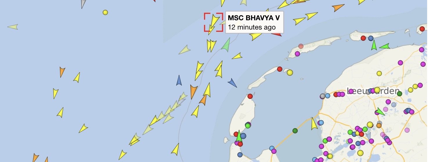 Locatie van het containerschip 'MSC Bhavya V'