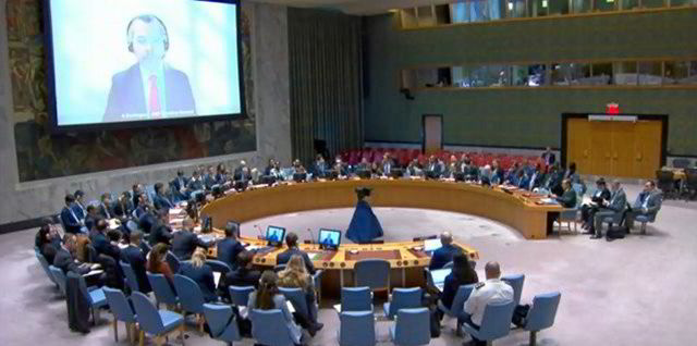 Arsenio Dominguez (IMO) spreekt de VN-Veiligheidsraad toe in New York.