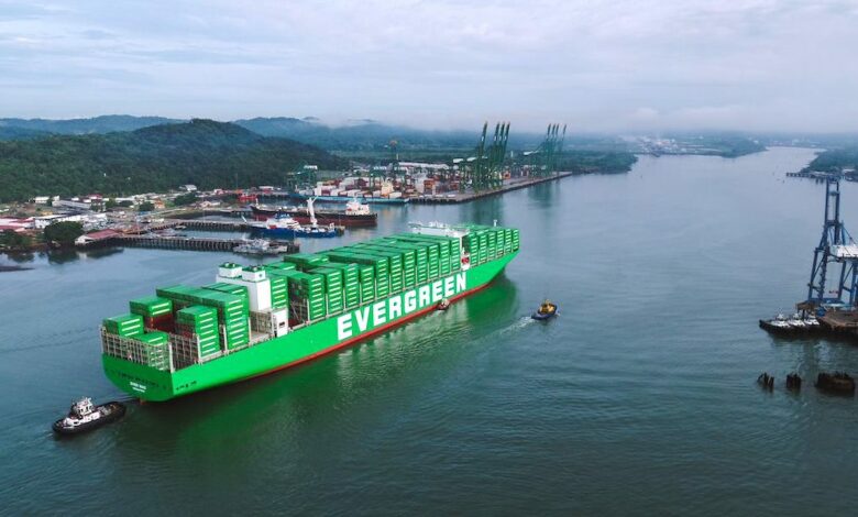 Het containerschip 'Ever Max' vaart door het Panamakanaal.